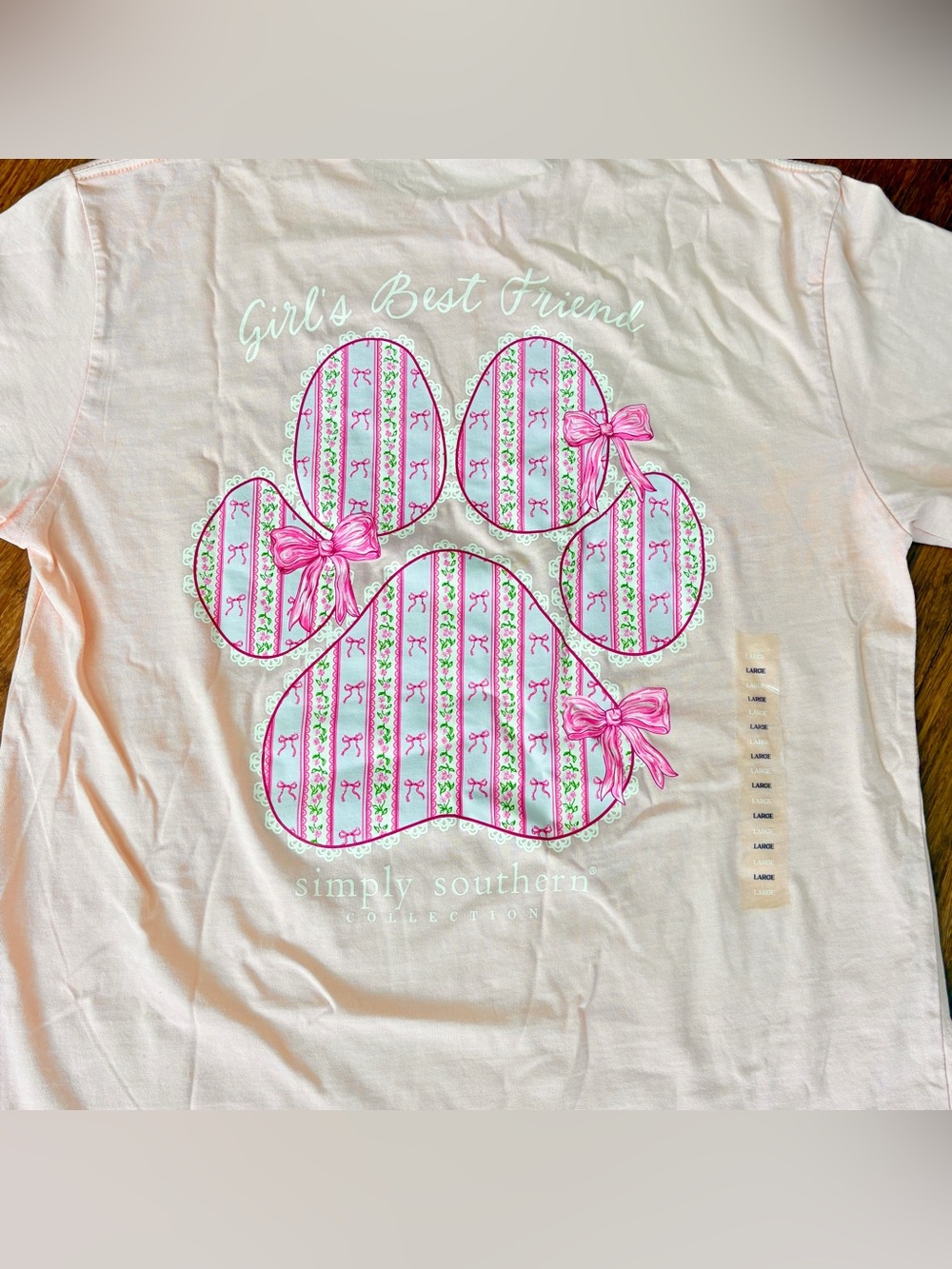 NWT! Simply Southern Peach Pink Paw Print Bows Girls Best Friend Tee T-shirt L